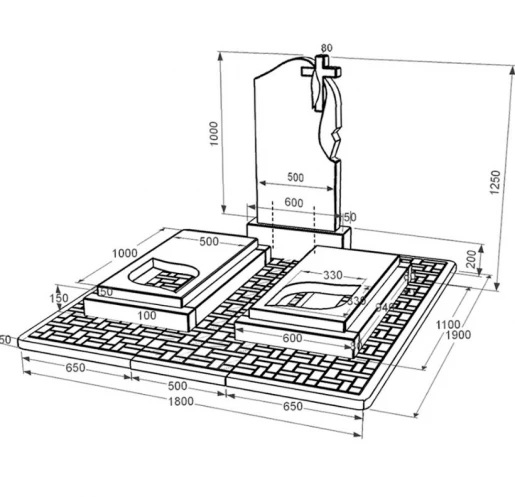 Розміри Гранітний пам'ятник на кладовище з гробницею подвійний із чорного граніту Коростишів з листом різьблена робота к22-kor-npf-100-50-08-142-r-pbd2