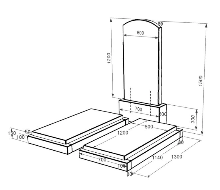 Розміри Пам'ятник із граніту з 2 надгробками подвійний із чорного граніту Коростишів з дугою різьблений к21-kor-npf-120-60-08-009