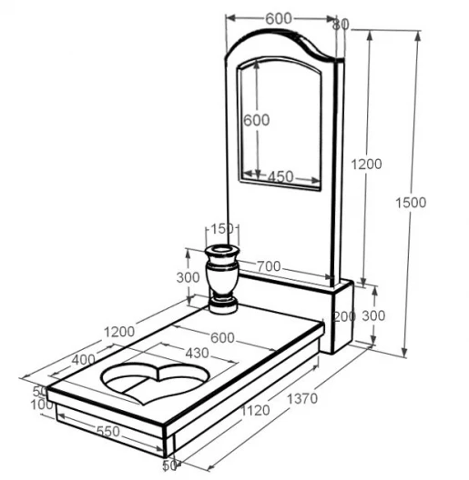 Розміри Мармуровий надгробок від виробника Україна одинарний з білого мармуру Волокас з серцем різьблена робота к11-vol-pf-120-60-08-011-l