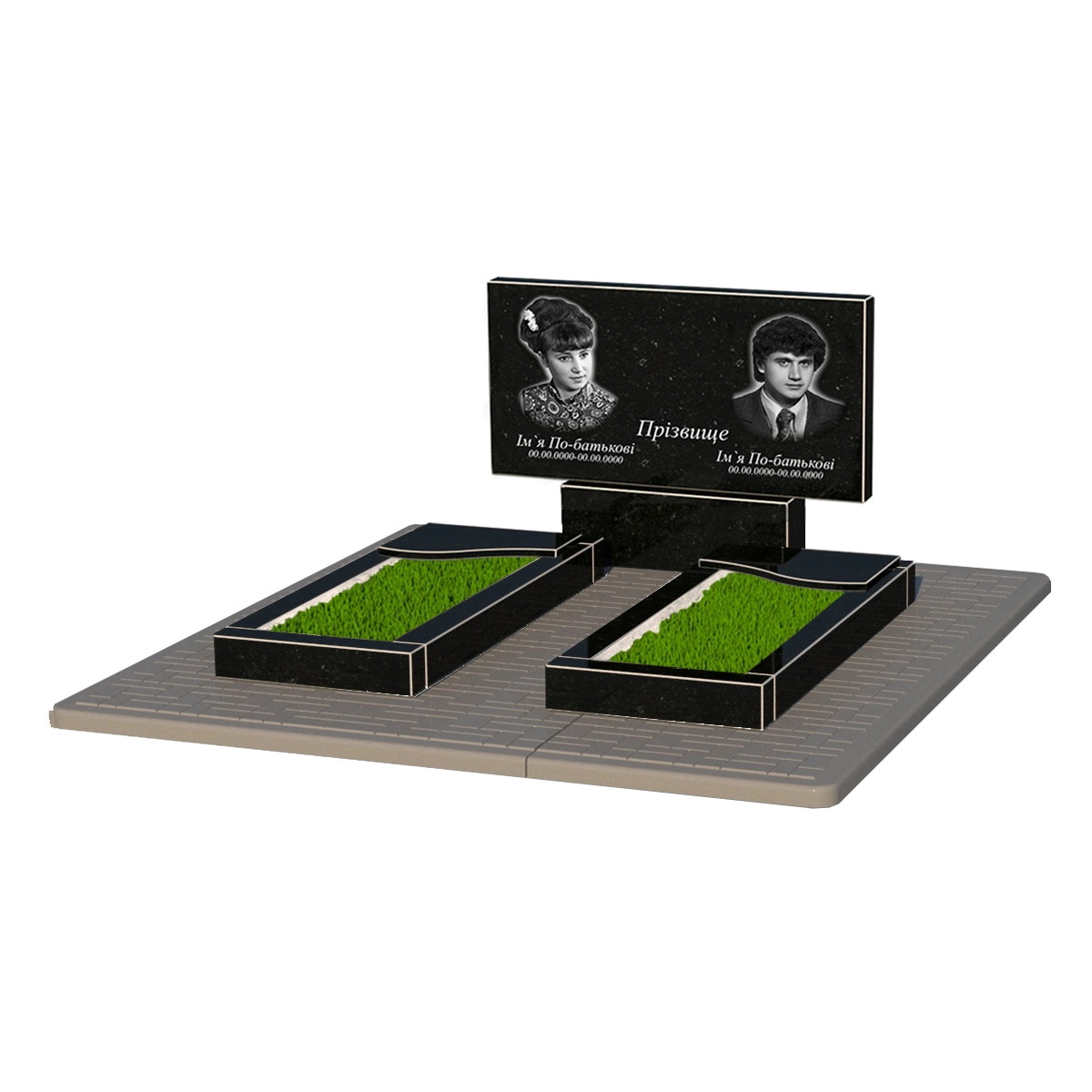 Основне Гранітний пам'ятник з формою хвилі 700x1000x1310 подвійний із чорного граніту Коростишівського кар'єру серія Базіс 001 к16-kor-npf-50-100-08-001-pbd2