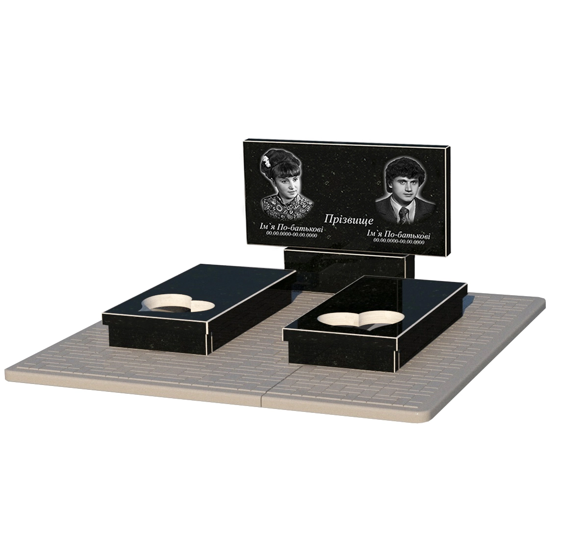 Портрет і написи Гранітний пам'ятник з серцем різьблена робота подвійний із чорного граніту Коростишів к20-kor-npf-50-100-08-001-pbd2
