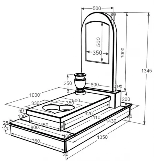 Размеры Мраморный памятник с полукруглой стелой одинарный из мрамора Дайна с сердцем резная работа к11-dan-pf-100-50-08-008-ck