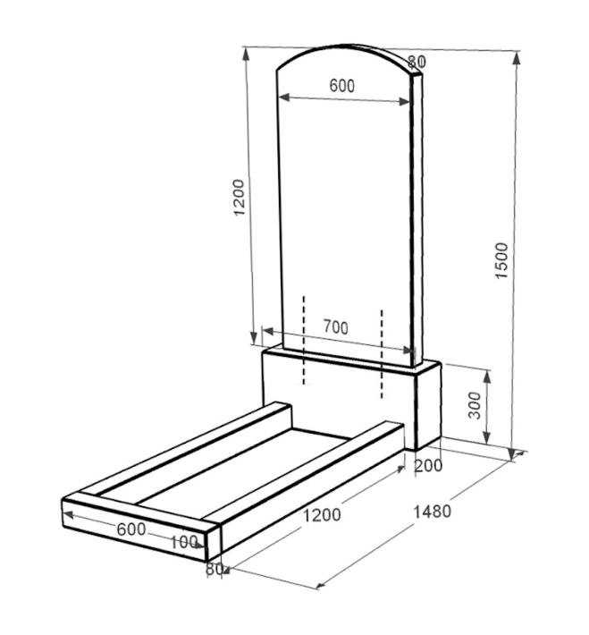 Розміри Гранітний пам'ятник на могилу з квітником без плити 1500x700x1480 одинарний з дугою різьблений із чорного граніту Коростишівського кар'єру серія Дуга 009 к1-kor-pf-120-60-08-009