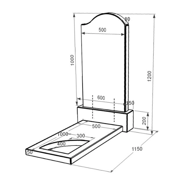 Розміри Пам'ятник із граніту поліровані фаски одинарний із чорного граніту Коростишів з вирізаним куточком к9-kor-pf-100-50-08-011-r