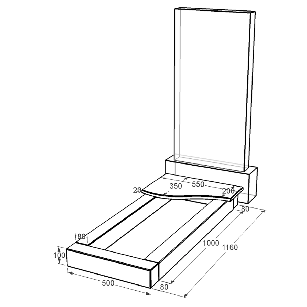 Розміри Квітник на могилу довжиною 116 см 1160x500x100 з граніту серія Базіс з полірованими фасками Коростишівського кар'єру cv-kor-pf-1160-500-4-volna-1-st