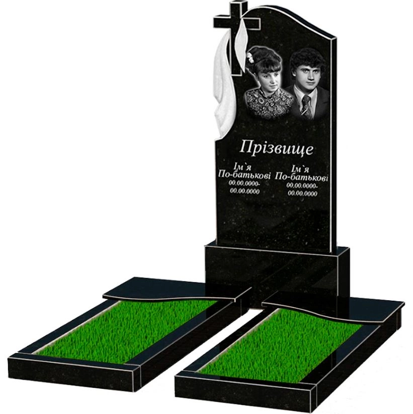 Основне Гранітна плита на могилу висока подвійна із чорного граніту Коростишів з хвилею різьблена к15-kor-npf-120-60-08-142
