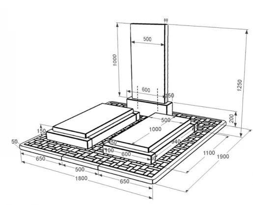 Размеры Гранитный памятник среднего размера двойной из черного гранита Коростышев без резных работ к21-kor-pf-100-50-08-001-pbd2