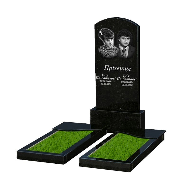 Основне Надгробок із граніту з формою хвилі 1500x700x1360 подвійне із чорного граніту Коростишівського кар'єру серія Дуга 009 к15-kor-pf-120-60-08-009