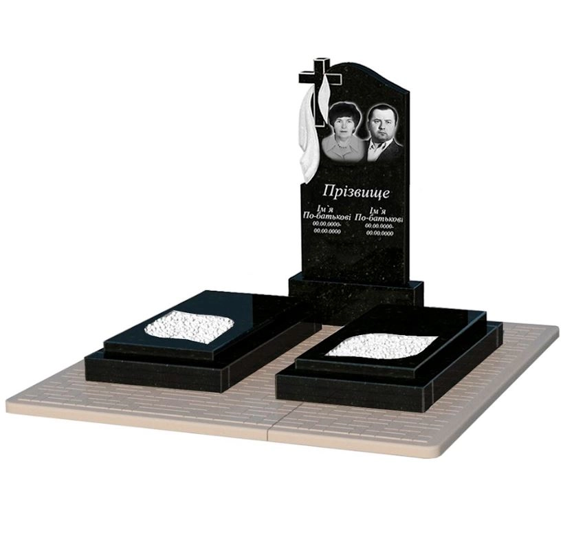 Основне Пам'ятник із граніту на кладовище подвійний із чорного граніту Коростишів з листом різьблена робота к22-kor-pf-100-50-08-142-pbd2