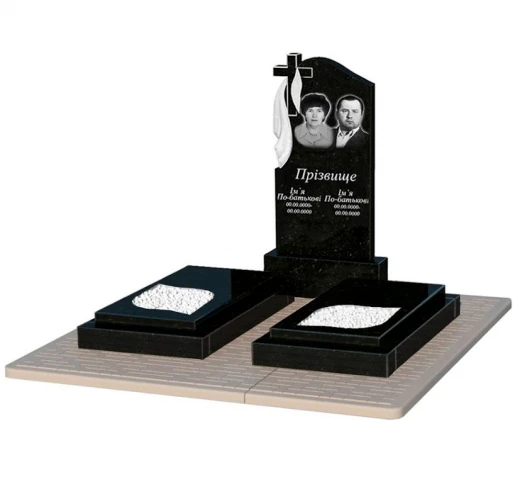 Пам'ятник із граніту на кладовище подвійний із чорного граніту Коростишів з листом різьблена робота к22-kor-pf-100-50-08-142-pbd2