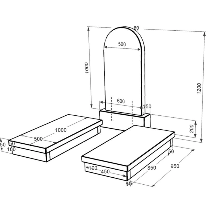 Размеры Гранитный памятник среднего размера двойной из черного гранита Коростышев с полукруглой стелой к19-kor-pf-100-50-08-006