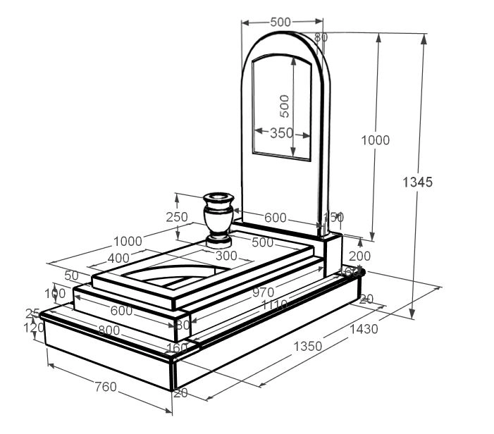 Розміри Мармуровий пам'ятник напівкруглий з мармуру Дайна з вирізаним куточком к24-dan-pf-100-50-08-006-ck