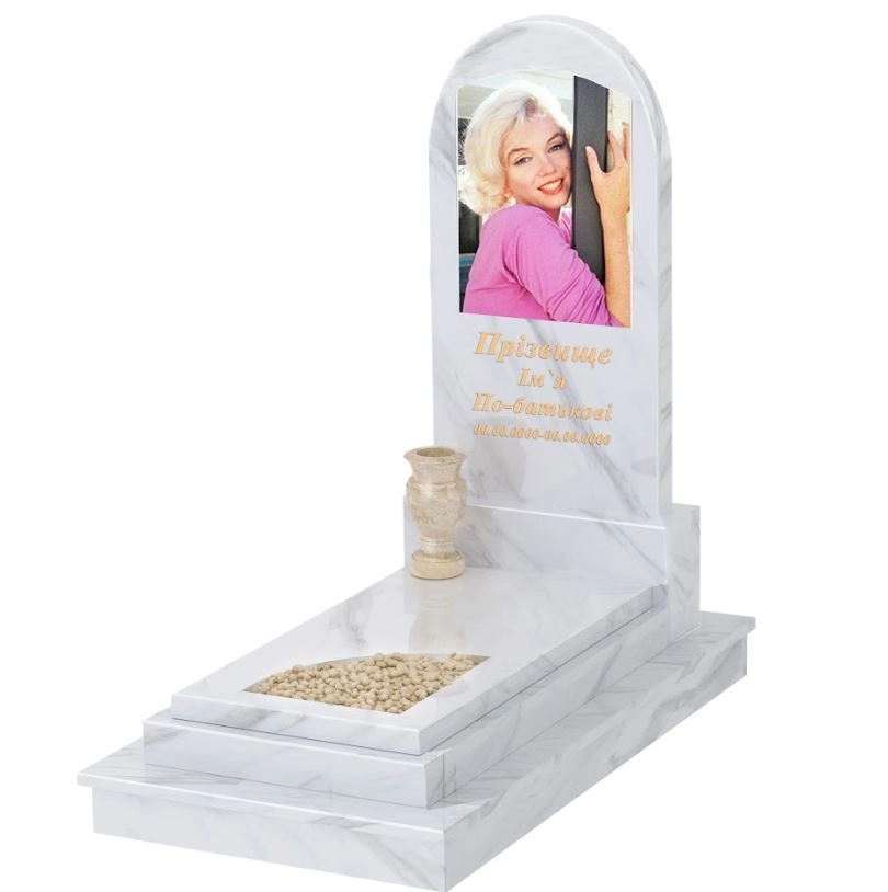 Основне Мармуровий пам'ятник стела 120х60 см одинарний з білого мармуру Волокас з вирізаним куточком з полукруглою стелою к24-vol-pf-120-60-08-006-ck