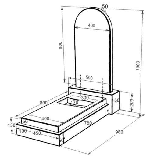 Розміри Гранітний пам'ятник напівкруглий одинарний із чорного граніту Коростишів з вирізаним прапором к6-kor-pf-80-40-08-006