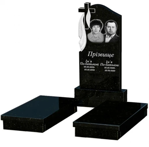 Основное Памятник из гранита производство Украина двойной из черного гранита Коростышев с крестом резной с плащаницей резной к19-kor-pf-100-50-08-142