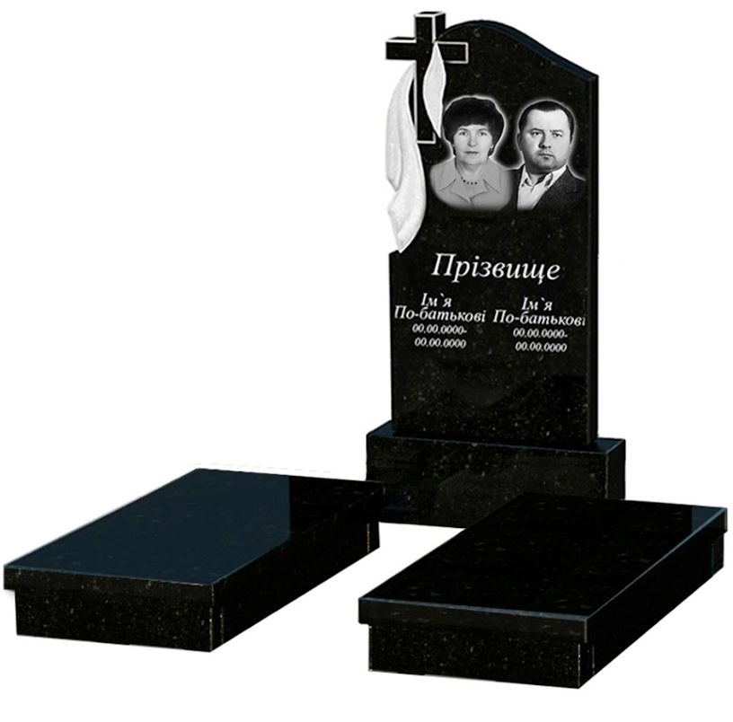 Основне Пам'ятник із граніту виробництво Україна подвійний із чорного граніту Коростишів з хрестом різьблений з плащаницею різьблений к19-kor-pf-100-50-08-142
