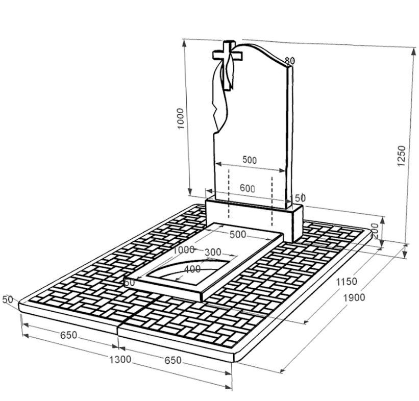 Розміри Гранітний пам'ятник з вирізаним куточком одинарний із чорного граніту Коростишів к9-kor-pf-100-50-08-142-pbd2