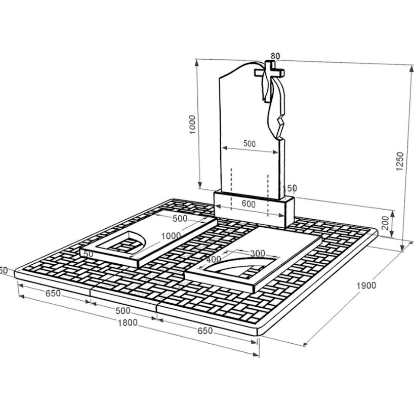 Размеры Гранитный памятник с вырезанным уголком двойной из черного гранита Коростышев к18-kor-pf-100-50-08-142-r-pbd2