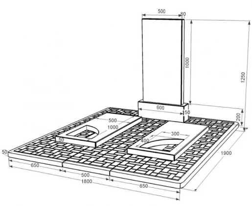 Розміри Гранітний пам'ятник з вирізаним куточком подвійний із чорного граніту Коростишів к18-kor-pf-100-50-08-001-pbd2