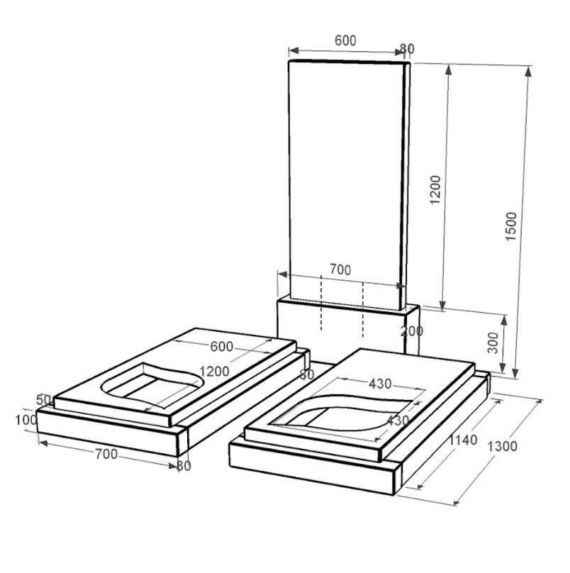Розміри Гранітний пам'ятник на кладовище із неполірованими фасками подвійний із чорного граніту Коростишів з листом різьблена робота к22-kor-npf-120-60-08-001