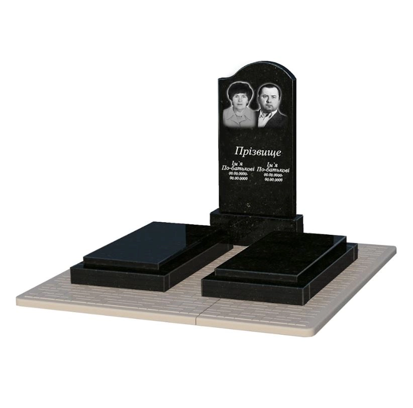 Основне Гранітний пам'ятник з гробницею подвійний із чорного граніту Коростишів з хвилею різьблений к21-kor-pf-100-50-08-011-r-pbd2