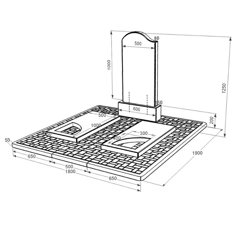 Розміри Гранітний пам'ятник на могилу подвійний із чорного граніту Коростишів з вирізаним куточком к18-kor-npf-100-50-08-011-l-pbd2