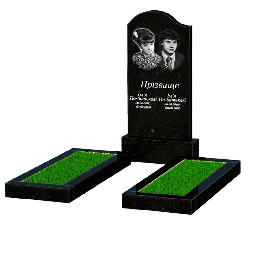 Основне Подвійний гранітний пам'ятник із чорного граніту Коростишів з хвилею різьблений к14-kor-pf-100-50-08-011-l