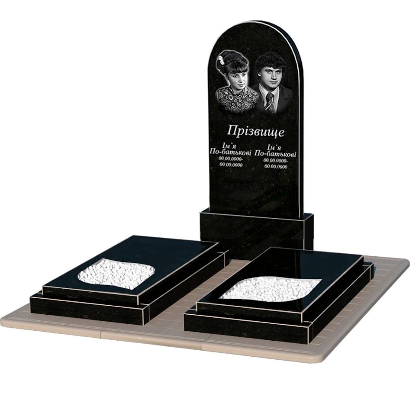 Основне Гранітний пам'ятник із неполірованими фасками подвійний із чорного граніту Коростишів з листом різьблена робота к22-kor-npf-120-60-08-006-pbd3