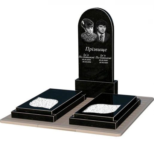 Гранітний пам'ятник із неполірованими фасками подвійний із чорного граніту Коростишів з листом різьблена робота к22-kor-npf-120-60-08-006-pbd3