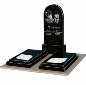 Гранітний пам'ятник із неполірованими фасками подвійний із чорного граніту Коростишів з листом різьблена робота к22-kor-npf-120-60-08-006-pbd3