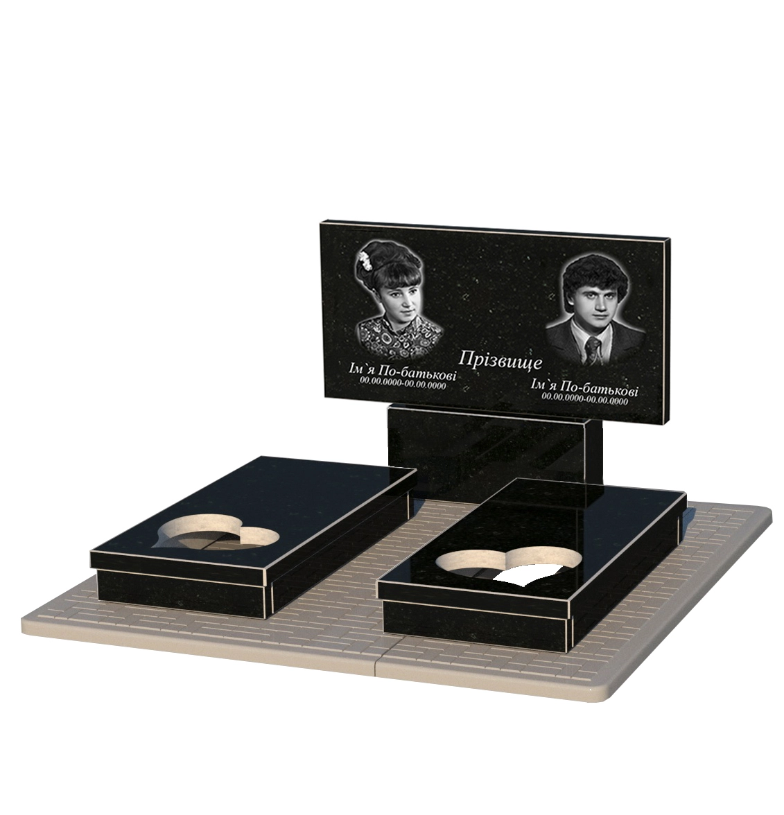 Без декору Гранітний пам'ятник великий подвійний із чорного граніту Коростишів з серцем різьблена робота к20-kor-npf-60-120-08-001-pbd3