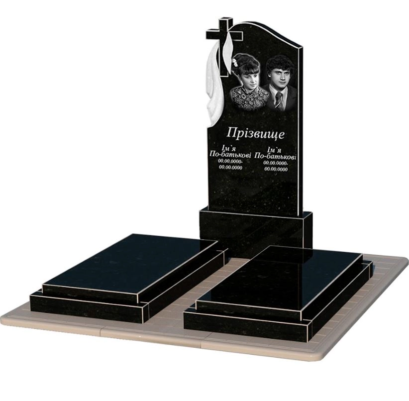 Основне Гранітний пам'ятник габро подвійний із чорного граніту Коростишів з хрестом та плащаницею різьблений к21-kor-npf-120-60-08-142-pbd3