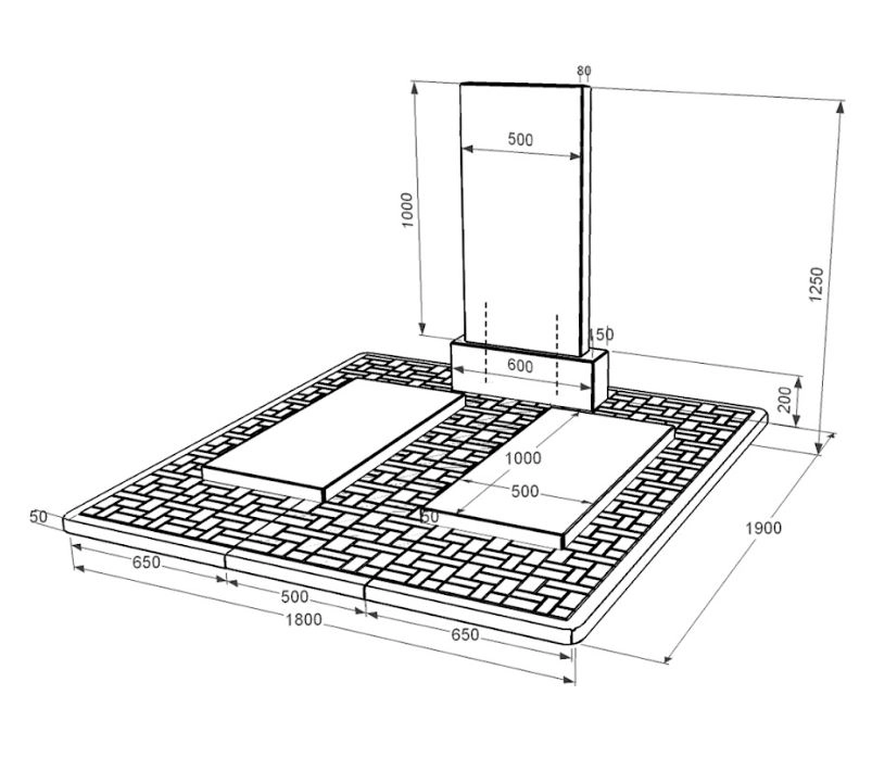 Размеры Памятник надгробие из гранита семейный двойной из черного гранита Коростышев без резных работ к18-kor-npf-100-50-08-001-pbd2