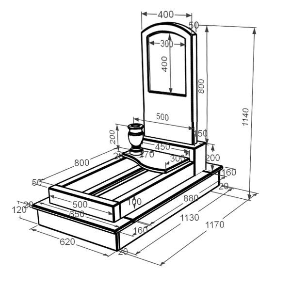 Розміри Мармуровий пам'ятник низький одинарний з білого мармуру Волокас з хвилею різьблений з дугою різьблений к5-vol-pf-80-40-05-009-ck
