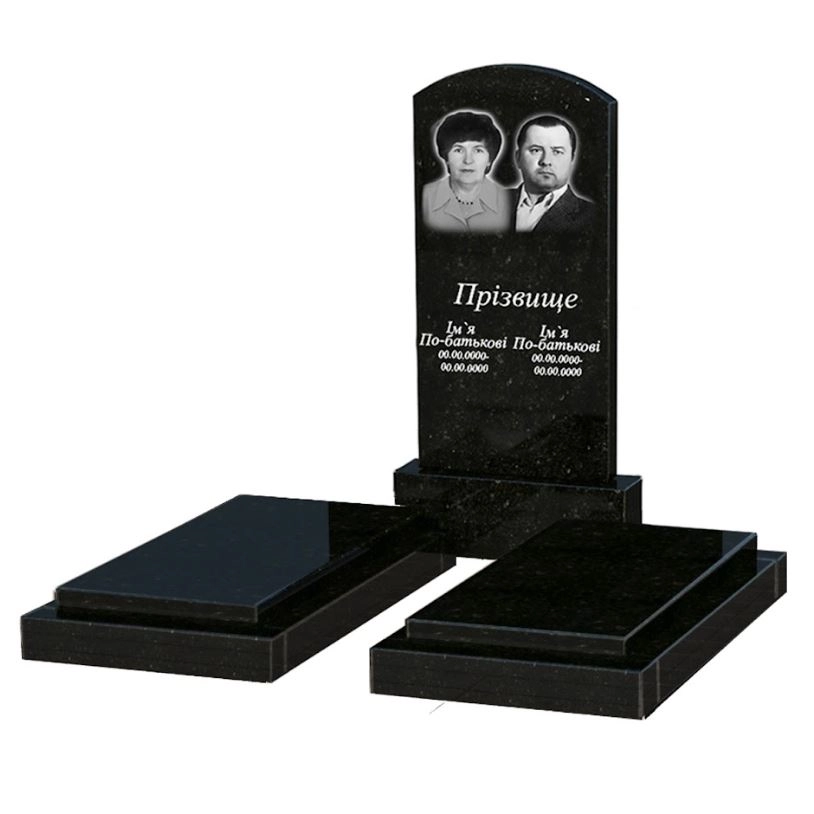 Основне Гранітний пам'ятник подружжю подвійний із чорного граніту Коростишів з дугою різьблений к21-kor-pf-100-50-08-009