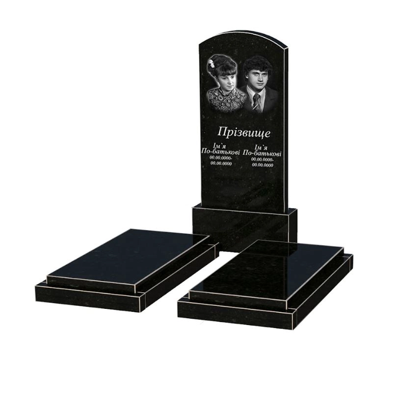 Основне Пам'ятник із граніту з 2 надгробками подвійний із чорного граніту Коростишів з дугою різьблений к21-kor-npf-120-60-08-009