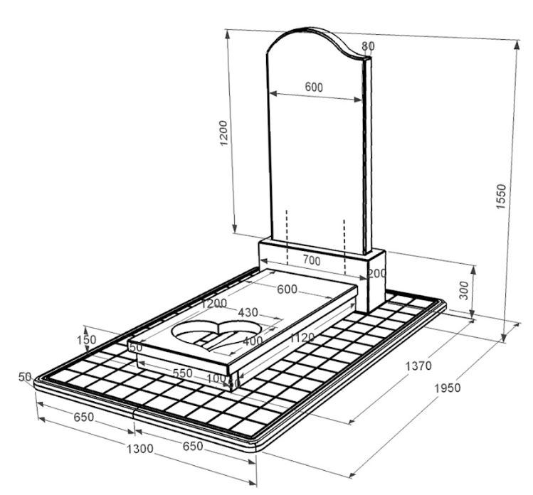 Розміри Гранітний пам'ятник з 1 надгробком одинарний із чорного граніту Коростишів з серцем різьблена робота к11-kor-pf-120-60-08-011-l-pbd3