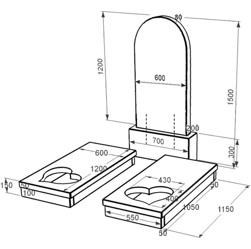 Размеры Гранитный памятник с гробницей двойной из черного гранита Коростышев с сердцем резная работа к20-kor-pf-120-60-08-006