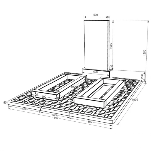 Розміри Гранітний пам'ятник шириною 60 см 1200x600x1310 подвійний із чорного граніту Коростишівського кар'єру серія Базіс 001 к14-kor-npf-100-50-08-001-pbd2