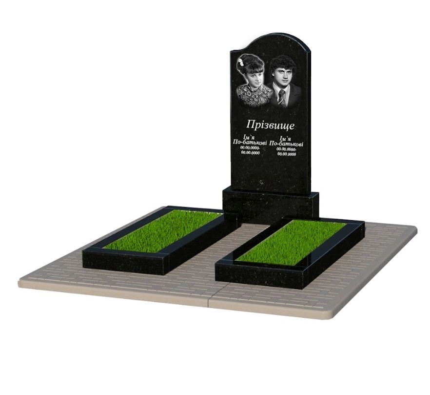 Основне Гранітний пам'ятник сімейний подвійний із чорного граніту Коростишів з хвилею різьблений к14-kor-pf-100-50-08-011-r-pbd2
