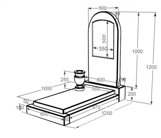 Розміри Мармуровий пам'ятник висотою 120 см одинарний з білого мармуру Волокас з полукруглою стелою к12-vol-pf-100-50-08-006