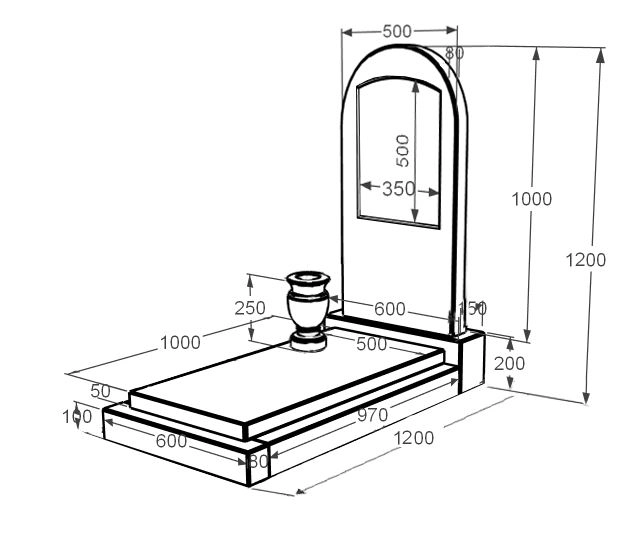 Розміри Мармуровий пам'ятник висотою 120 см одинарний з білого мармуру Волокас з полукруглою стелою к12-vol-pf-100-50-08-006