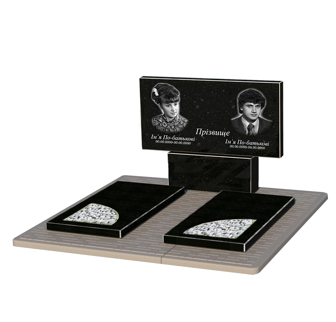 Основное Памятник из гранита с надгробной плитой двойной из черного гранита Коростышев с вырезанным уголком к18-kor-npf-50-100-08-001-pbd2