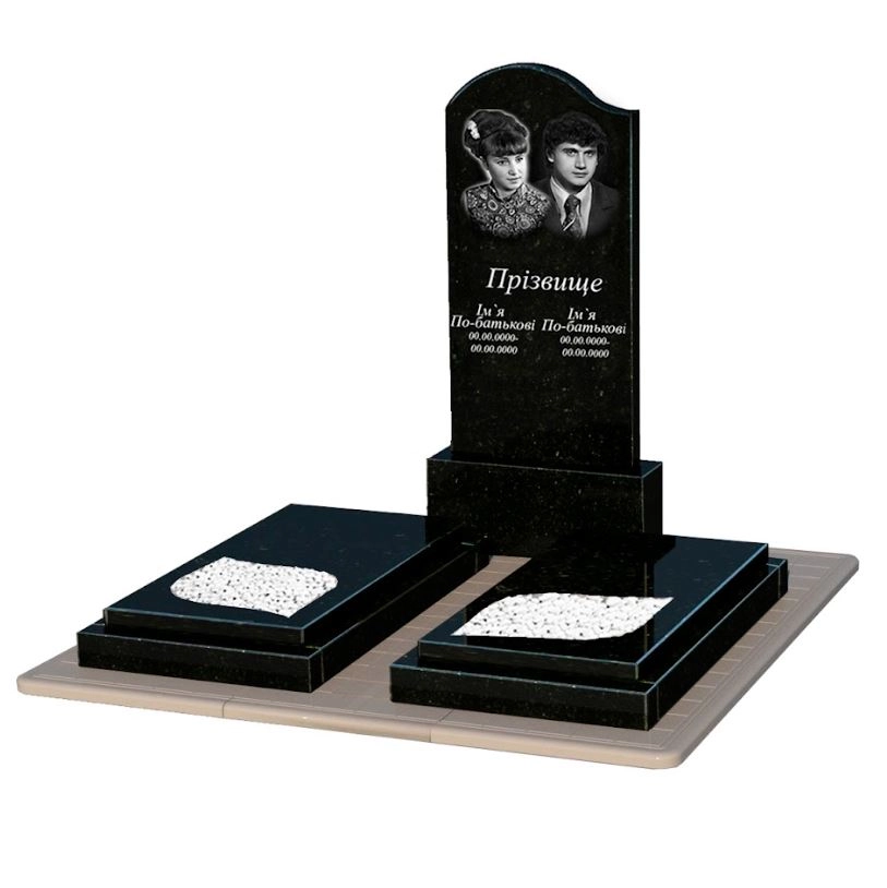 Основне Гранітний надгробок з протиусадковою плитою подвійний із чорного граніту Коростишів з листом різьблена робота к22-kor-pf-120-60-08-011-l-pbd3