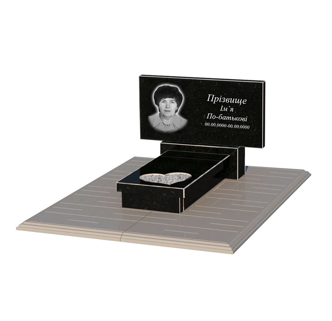 Основне Пам'ятник із граніту з декоруванням білою галькою одинарний із чорного граніту Коростишів з серцем різьблена робота к11-kor-npf-40-80-05-001-pbd1