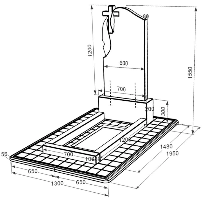 Розміри Гранітна плита на могилу з квітником одинарний із чорного граніту Коростишів з хрестом та плащаницею різьблений к2-kor-pf-120-60-08-142-pbd3