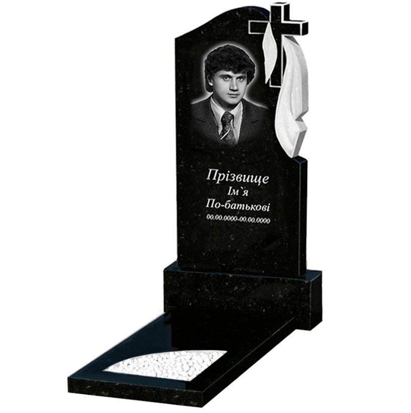 Основне Пам'ятник із граніту з вирізаним куточком одинарний із чорного граніту Коростишів к9-kor-pf-100-50-08-142-r