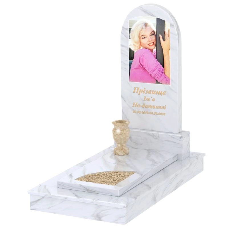 Основне Мармуровий пам'ятник дівчинам одинарний з білого мармуру Волокас з вирізаним куточком з полукруглою стелою к9-vol-pf-100-50-08-006-ck