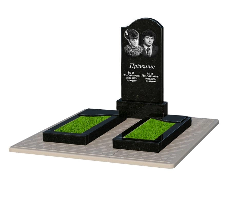 Основне Гранітний пам'ятник подружжю подвійний із чорного граніту Коростишів з хвилею різьблений к16-kor-pf-100-50-08-011-r-pbd2