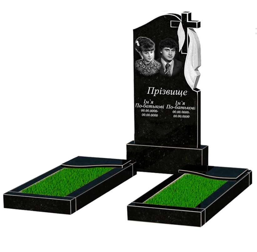 Основное Гранитный памятник высотой 120 см двойной из черного гранита Коростышев с волной резной к16-kor-npf-100-50-08-142-r